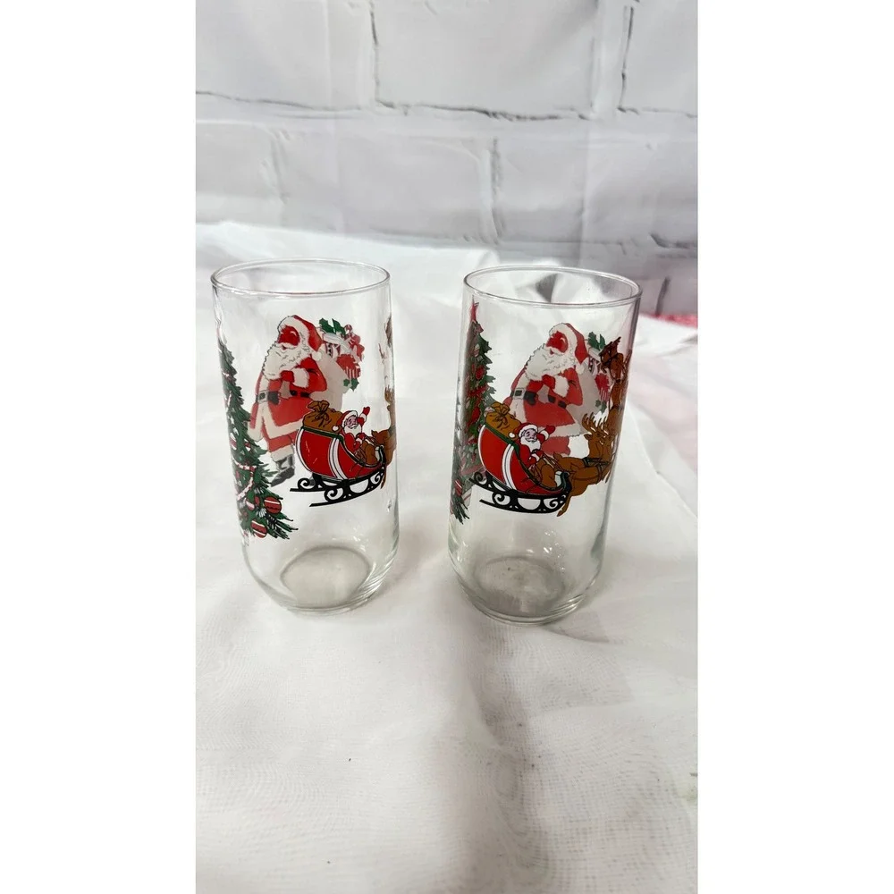 Vintage Christmas Santa Claus Reindeer Tree Drinking Glasses Set of 2 Tumblers